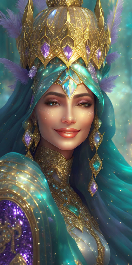 Regal figure in golden armor with blue gemstone crown and feathered shoulders on shimmering background