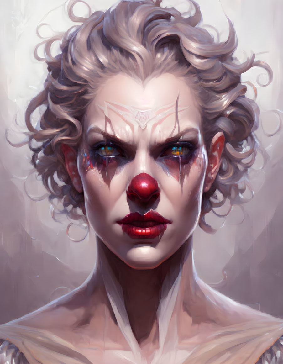 Detailed digital portrait of a fierce woman with clown makeup and curly hair