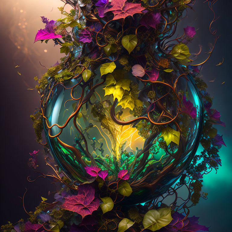 Colorful Flora and Translucent Vase in Magical Digital Art