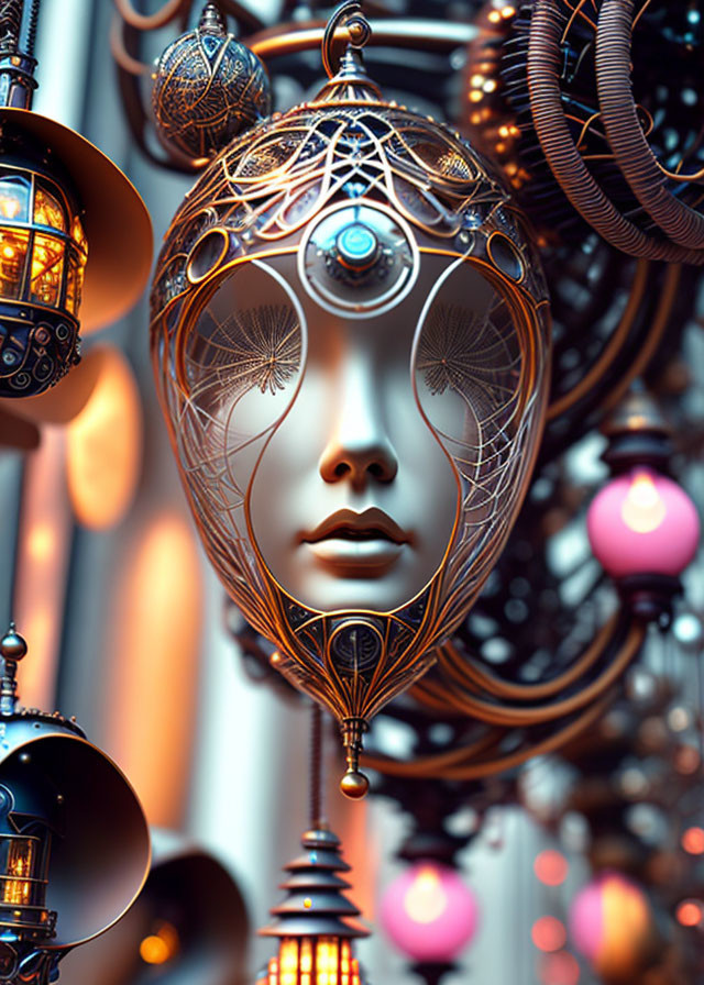 Detailed Steampunk-Style Metallic Female Face with Gears and Orbs