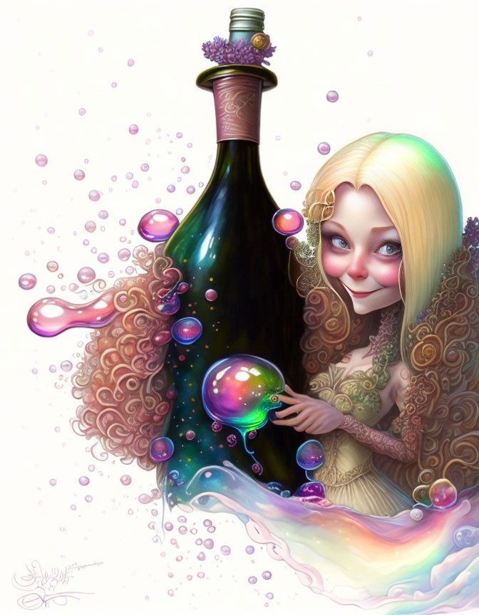 Colorful Fairytale Woman Holding Bubble Next to Vibrant Liquid Bottle