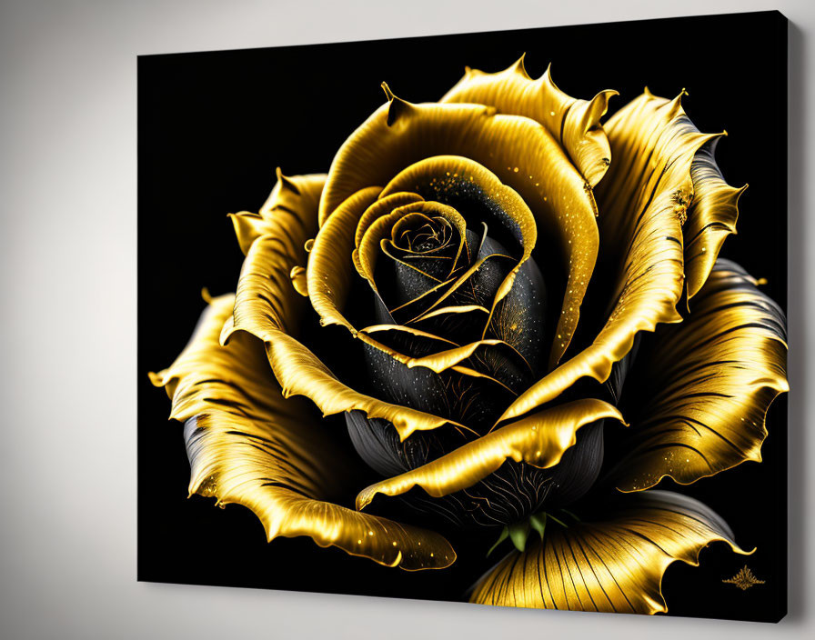 Stylized golden rose digital artwork on black canvas