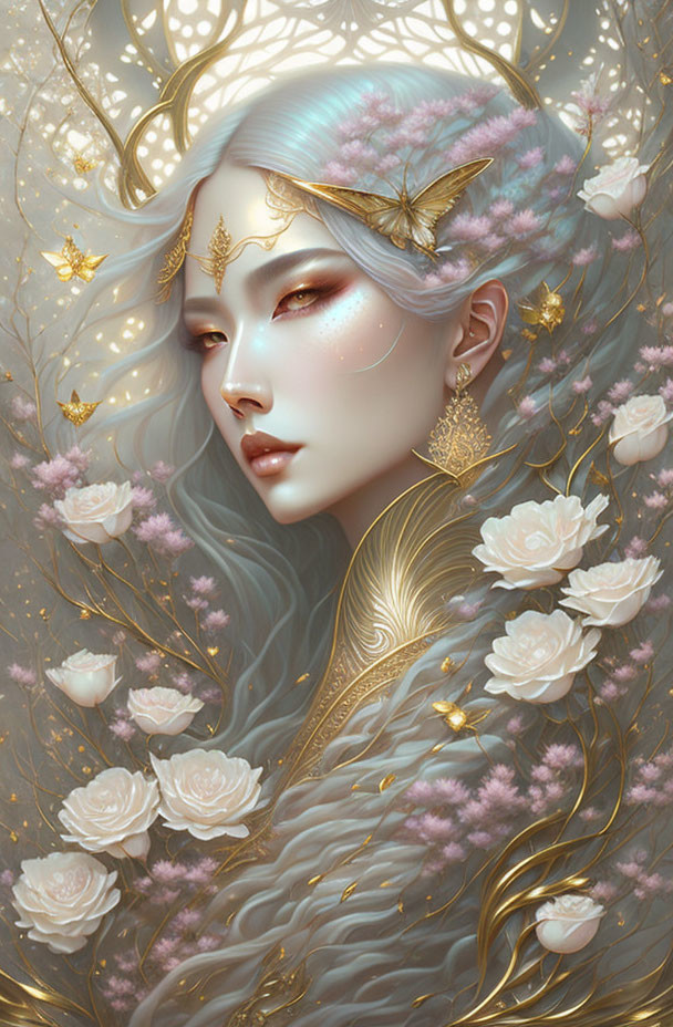 Ethereal fantasy figure with pale skin and golden accessories in floral motif