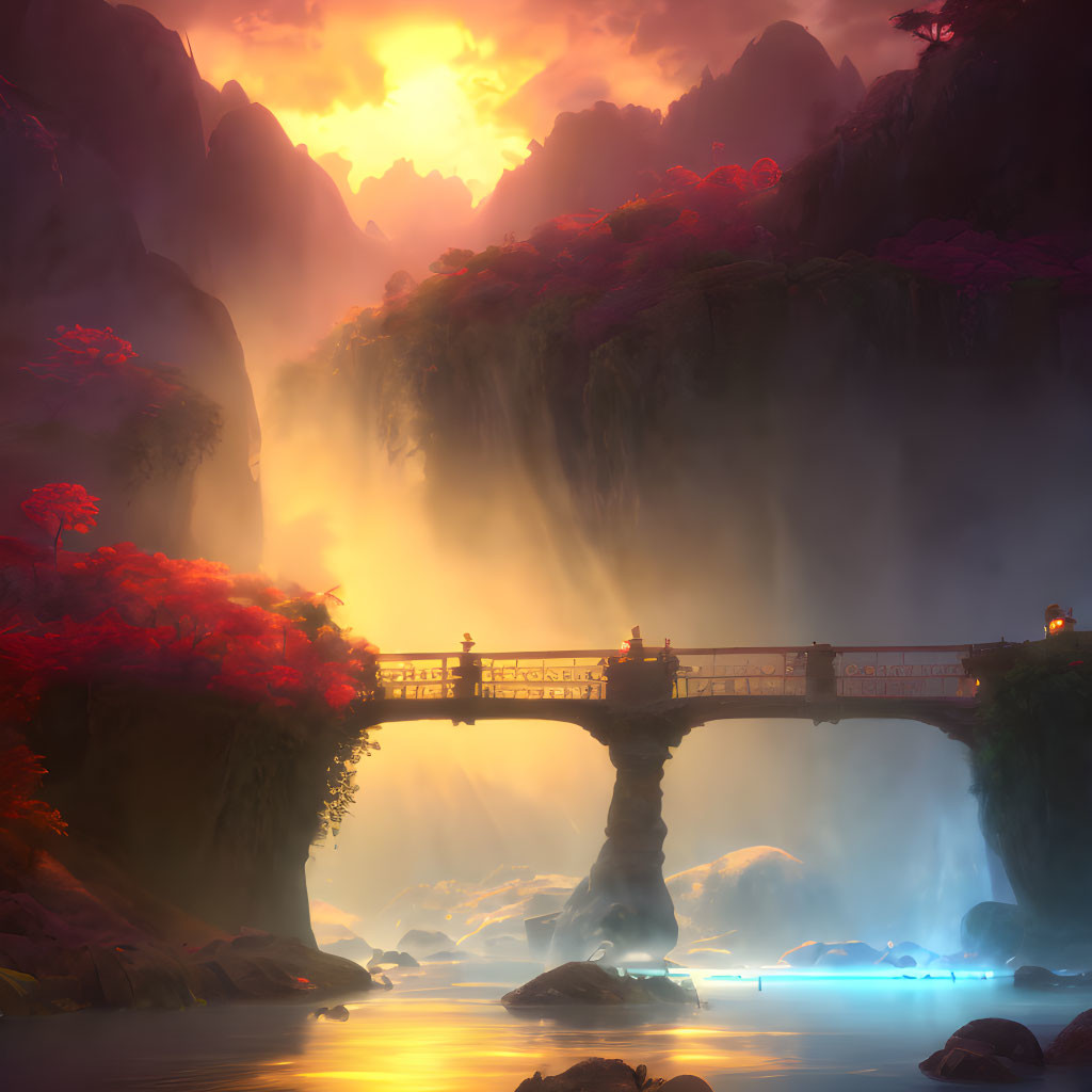 Ethereal landscape: glowing sunset, waterfalls, stone bridge, red cliffs, misty river