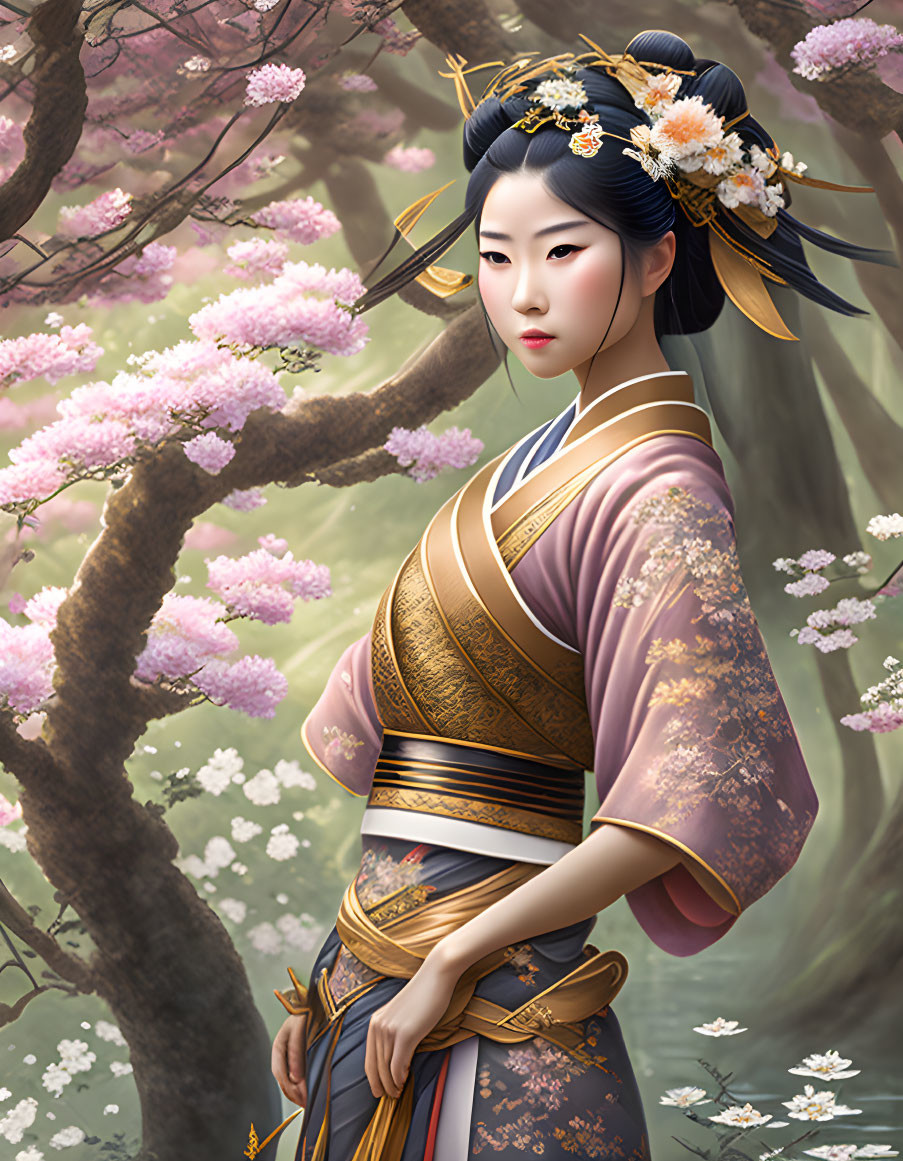 Traditional East Asian Attire Woman Amid Cherry Blossoms