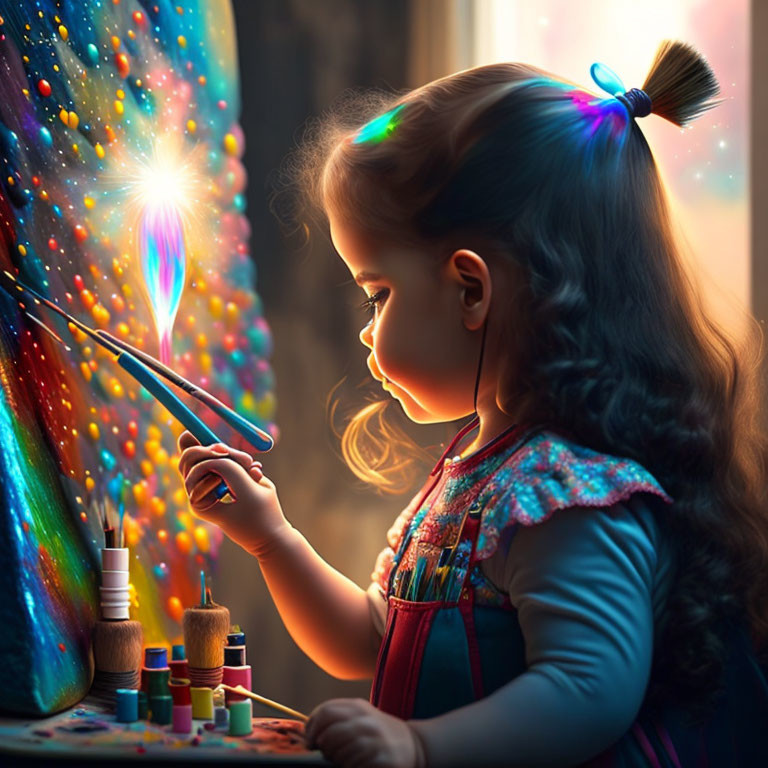 Young girl painting on canvas with vibrant colors and magical light.