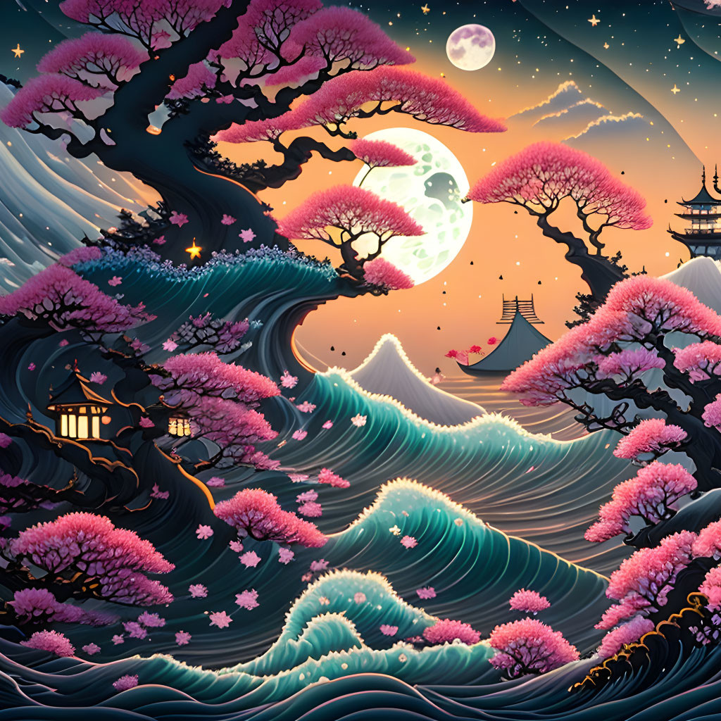 Moonlit seascape with cherry blossoms, pagodas, sailboat: vibrant fantasy illustration