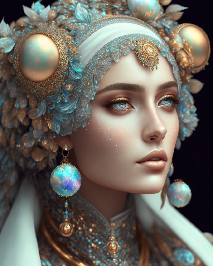 Digital portrait of a woman in celestial-themed jewelry with serene expression