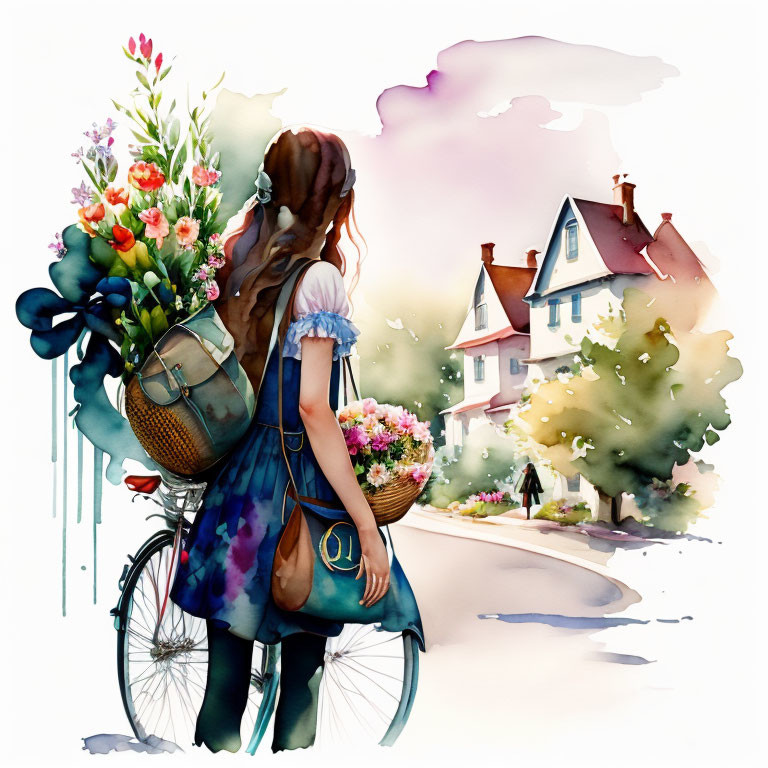 Watercolor illustration of woman with bicycle and flowers in scenic village.