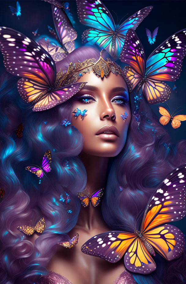 Woman with Lavender Hair and Butterflies on Dark Background