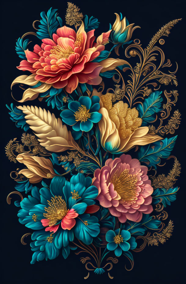 Detailed Floral Pattern with Blue and Pink Flowers on Dark Background