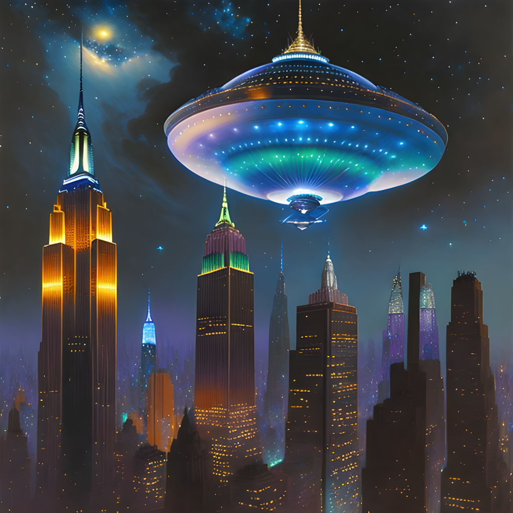 Giant UFOs with blue lights over cityscape at night