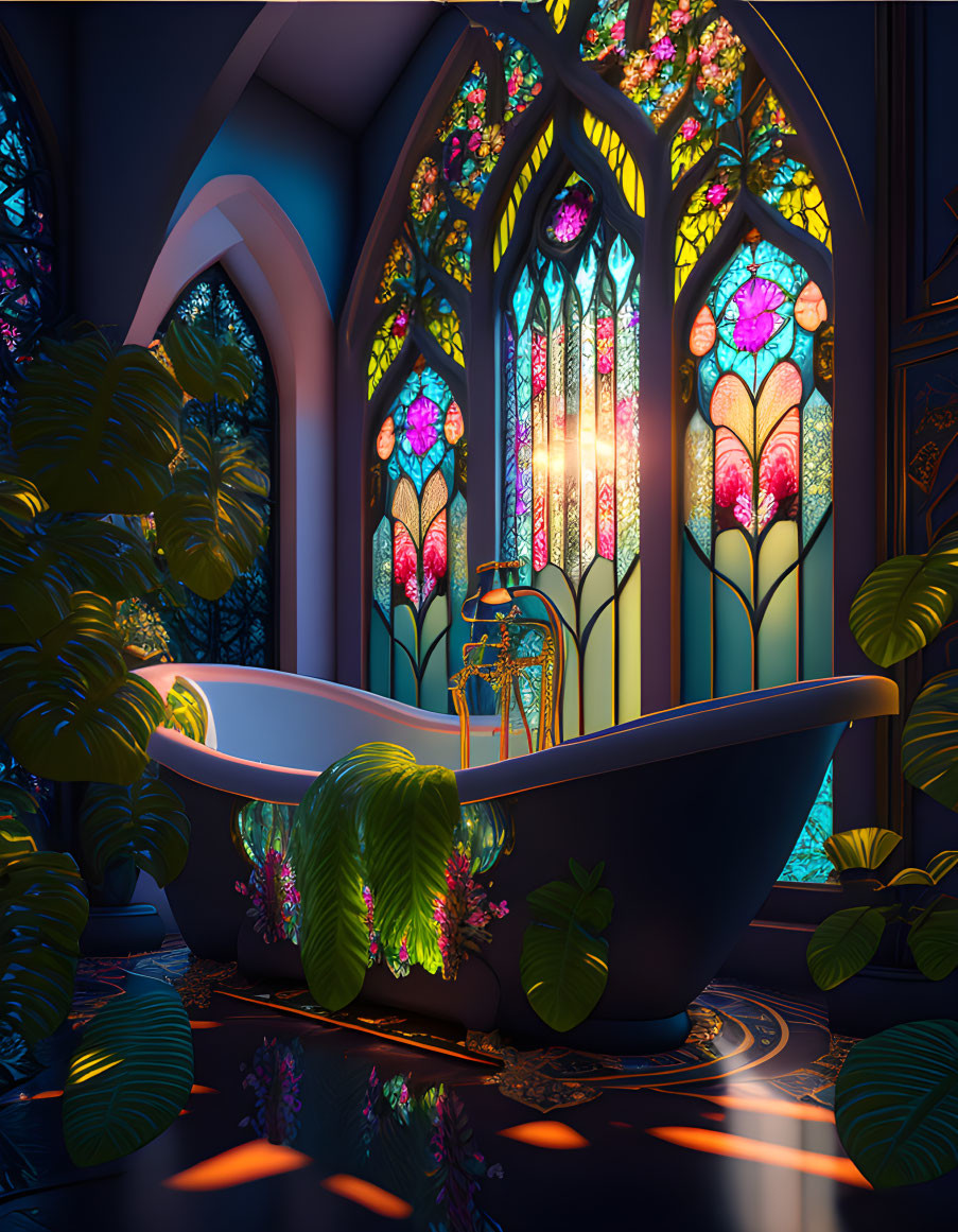 Luxurious Bathtub with Greenery and Stained Glass Windows