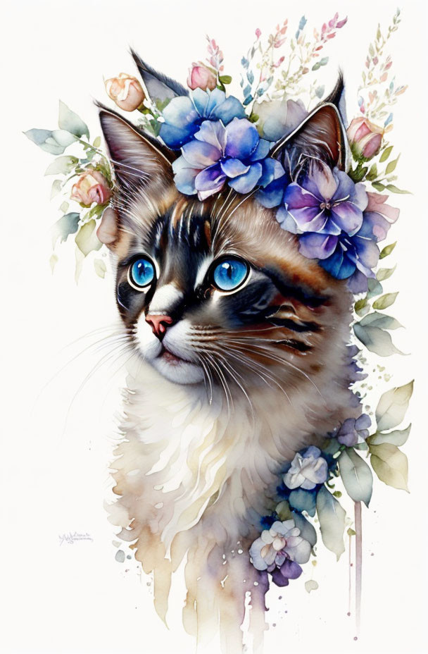 Blue-eyed cat with flower crown in watercolor illustration