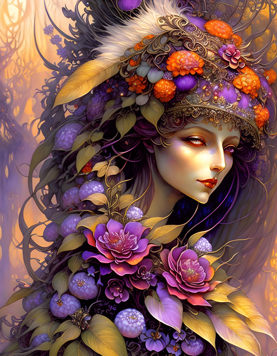 Colorful woman illustration with fruit and flower headdress in purple and gold.