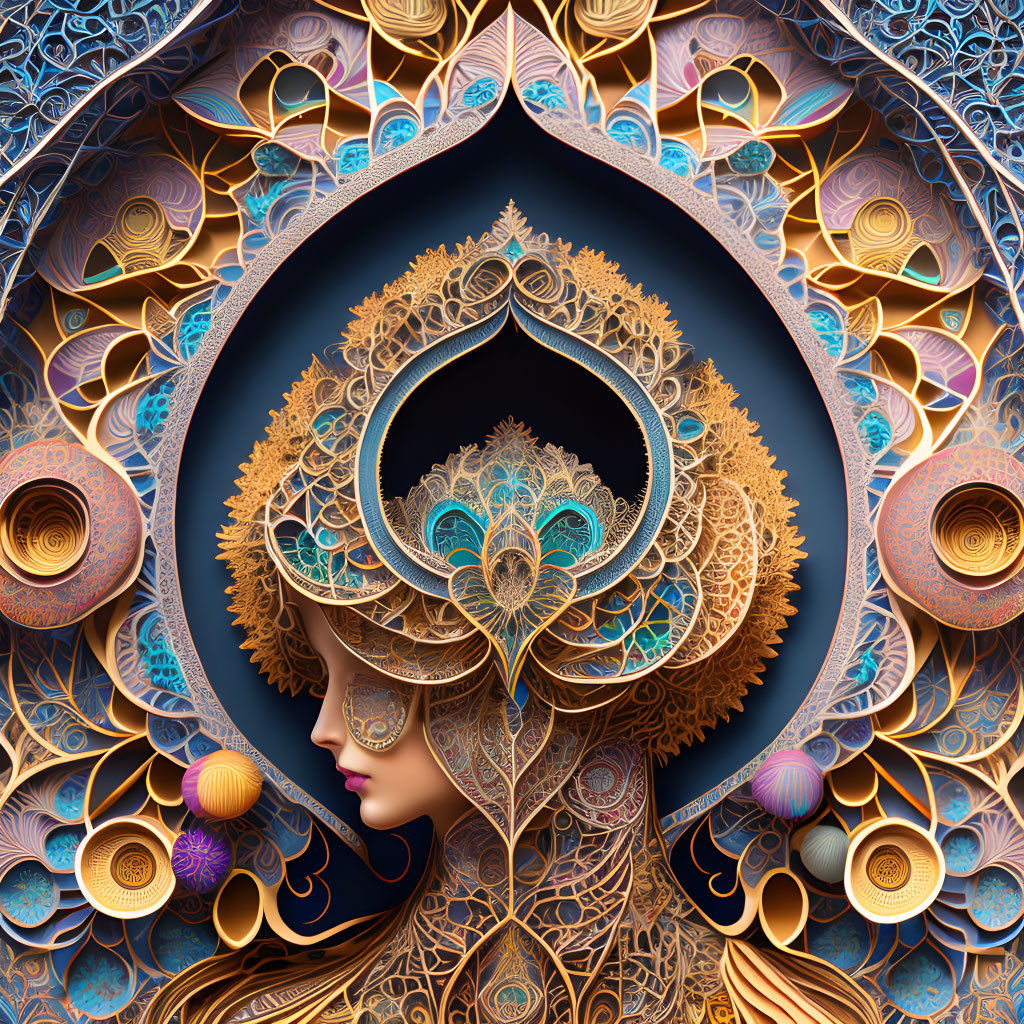 Detailed digital artwork: Woman's profile with ornate headdress, intricate geometric and floral patterns.