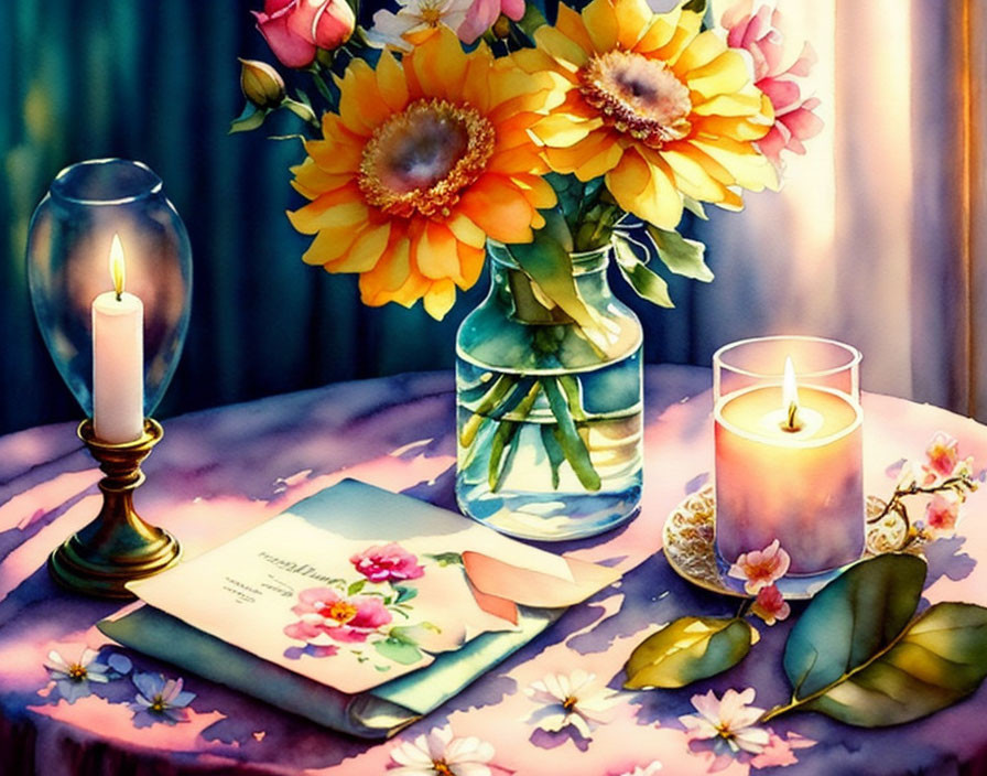 Colorful Still Life Painting with Sunflowers, Candles, and Book