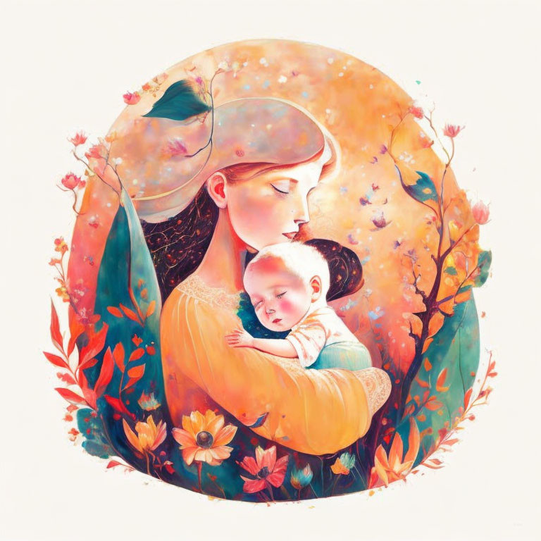 Illustration of woman holding baby in warm floral setting