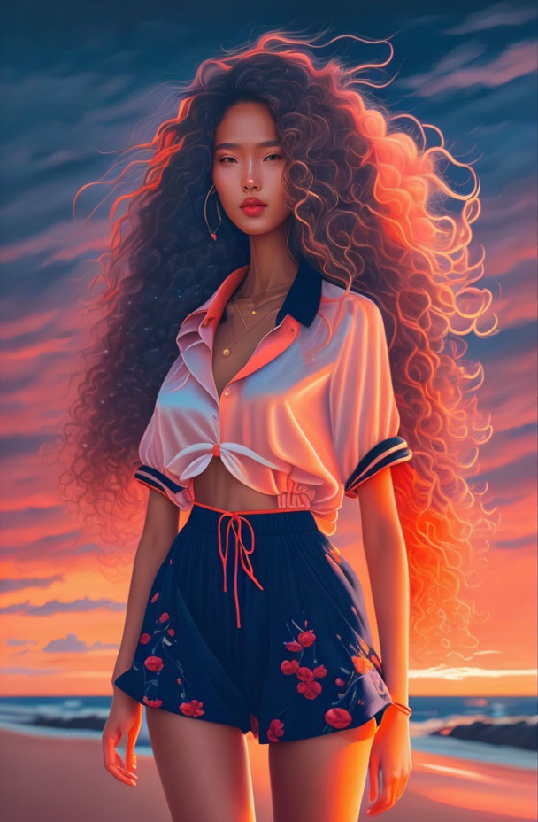 Digital artwork: Woman with flowing hair on beach at sunset in floral outfit