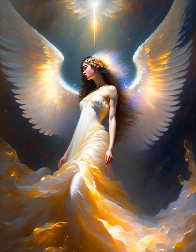 Ethereal figure with wings in golden gown against celestial backdrop