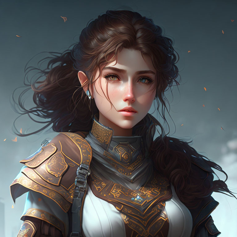 Female elf with long wavy brown hair in golden armor among floating embers