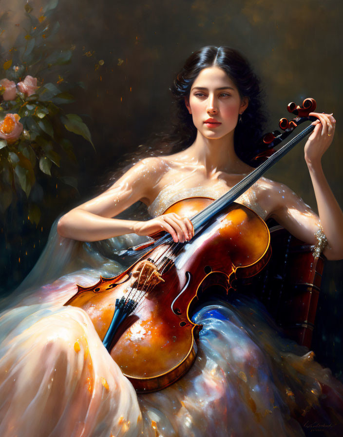 Dark-haired woman playing cello in light dress surrounded by golden glow & floral hints.