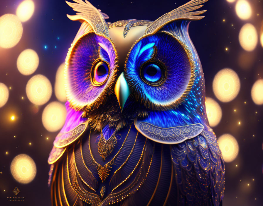 Colorful Owl Artwork with Blue and Gold Plumage on Bokeh Background