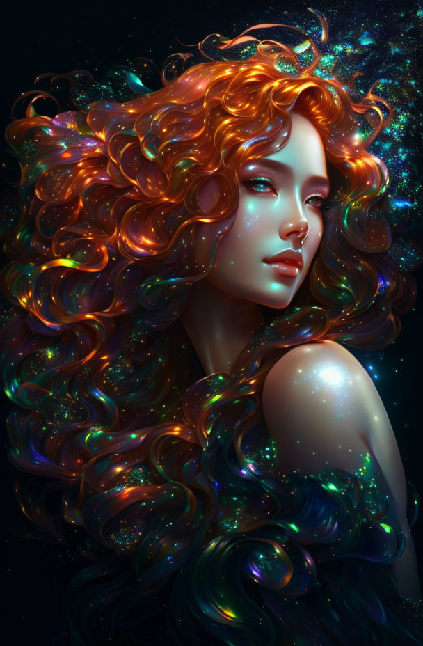 Vibrant digital art portrait featuring woman with glowing orange and blue curls and sparkling stars on dark background