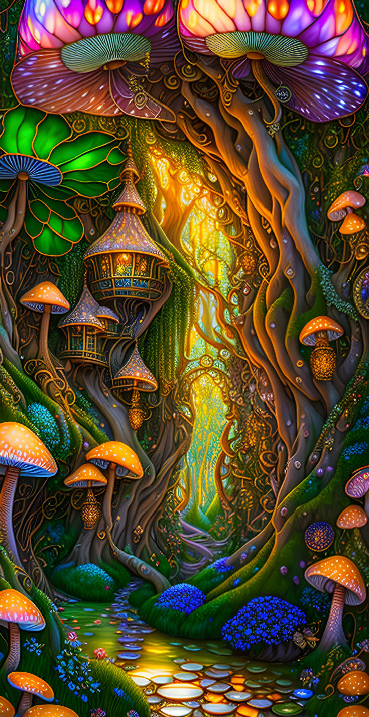 Fantasy forest with luminescent mushrooms and whimsical tree houses