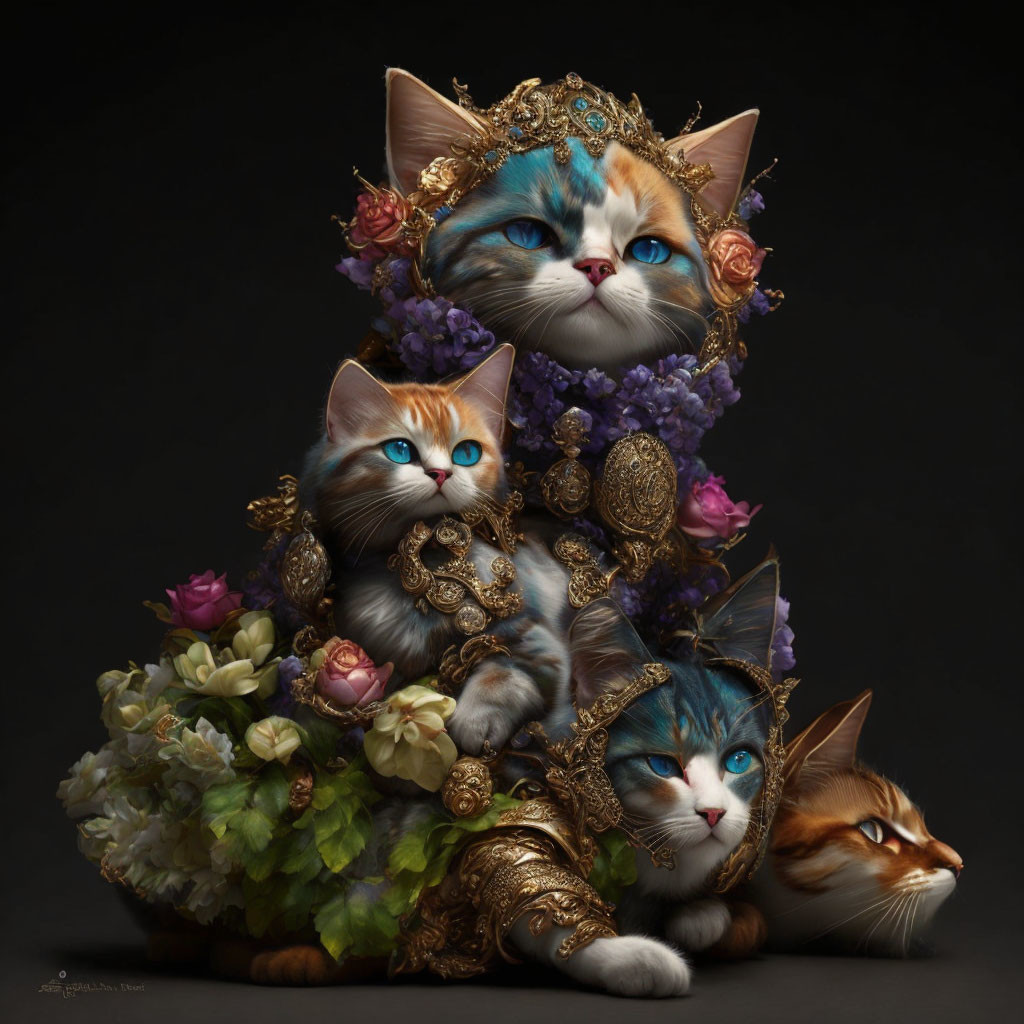 Four cats with golden ornaments and colorful flowers on black background