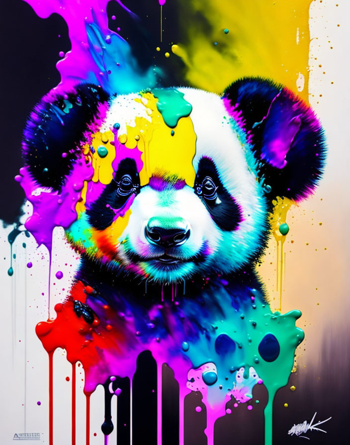 Vibrant panda painting with yellow, purple, blue, and pink splashes