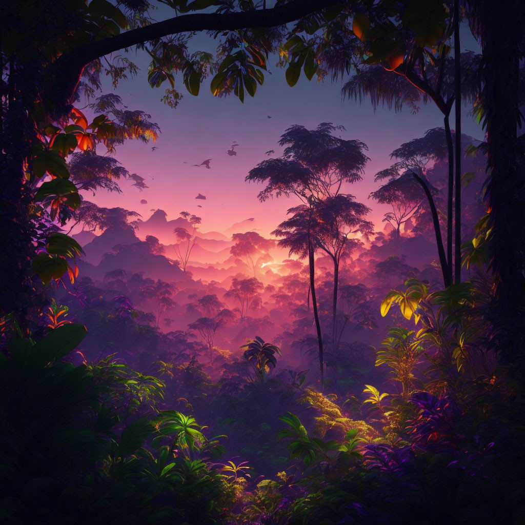 Vibrant jungle scene at dusk: purple and orange sky, silhouetted trees, lush