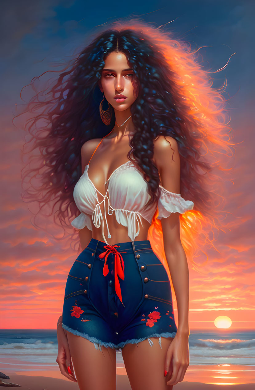 Woman with Voluminous Hair on Beach at Sunset