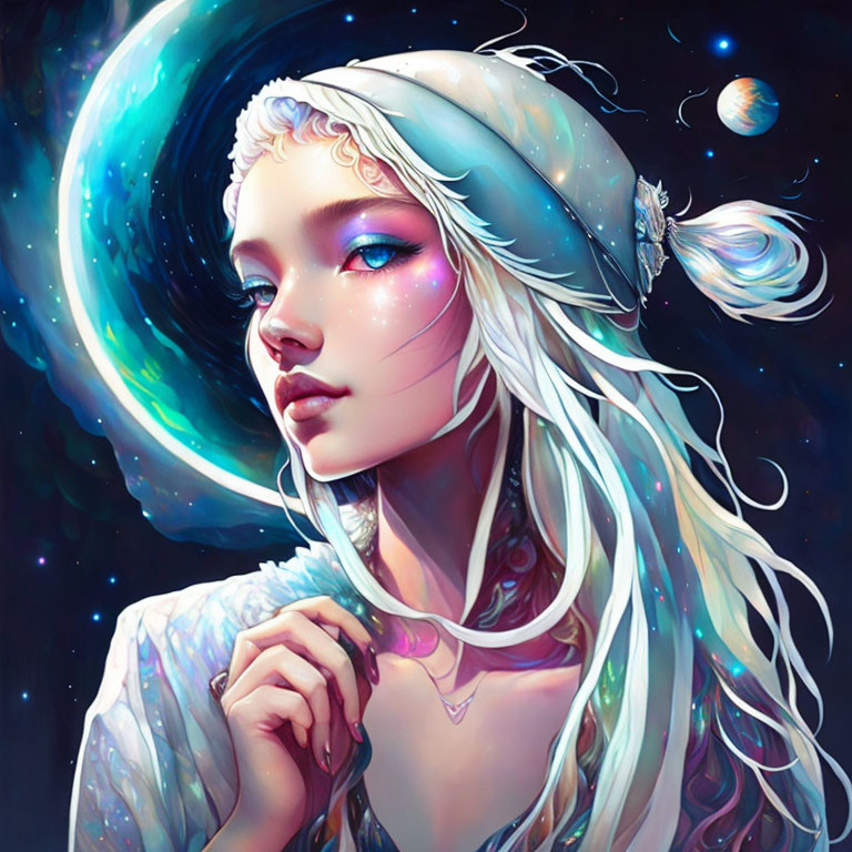 Fantasy digital artwork of silver-haired woman in cosmic attire with stars and planets against dark space.