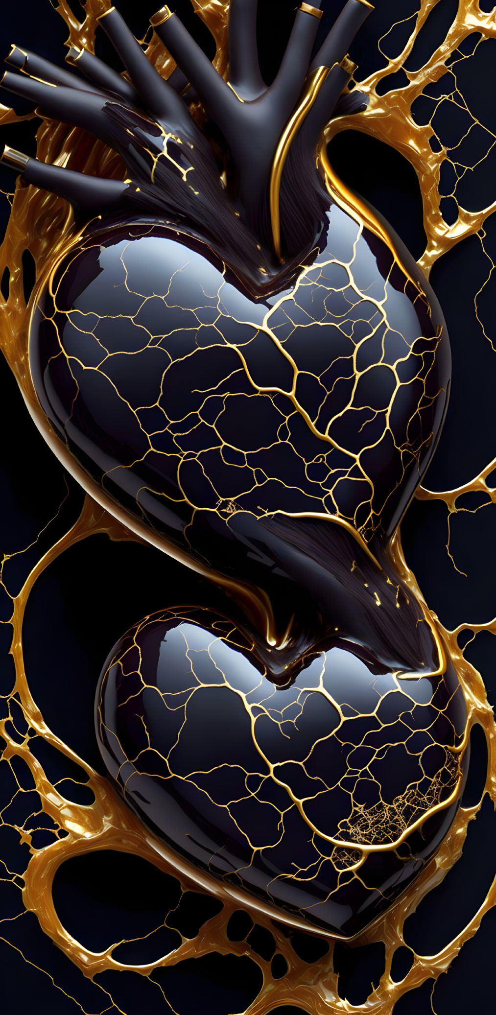 Stylized black heart with gold cracks on dark background