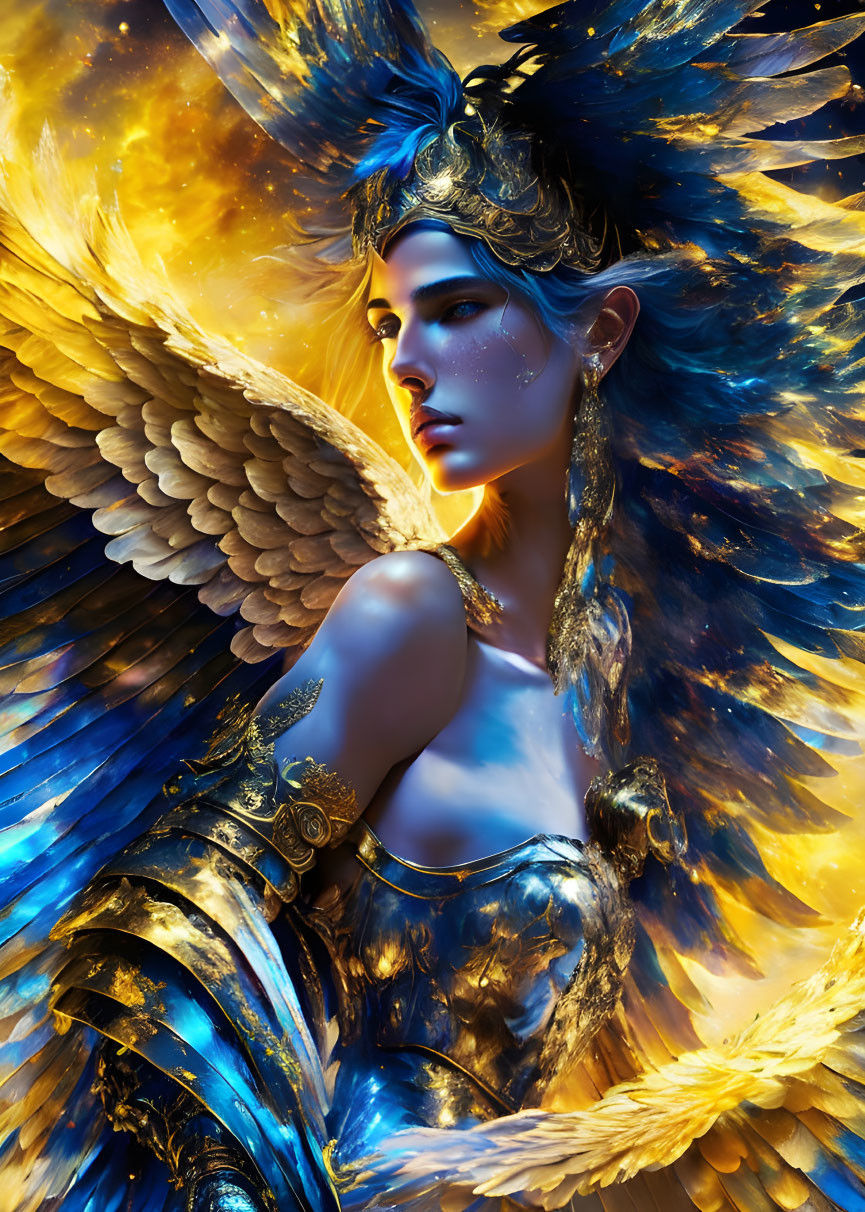 Luminous winged female warrior in blue and gold armor on fiery background