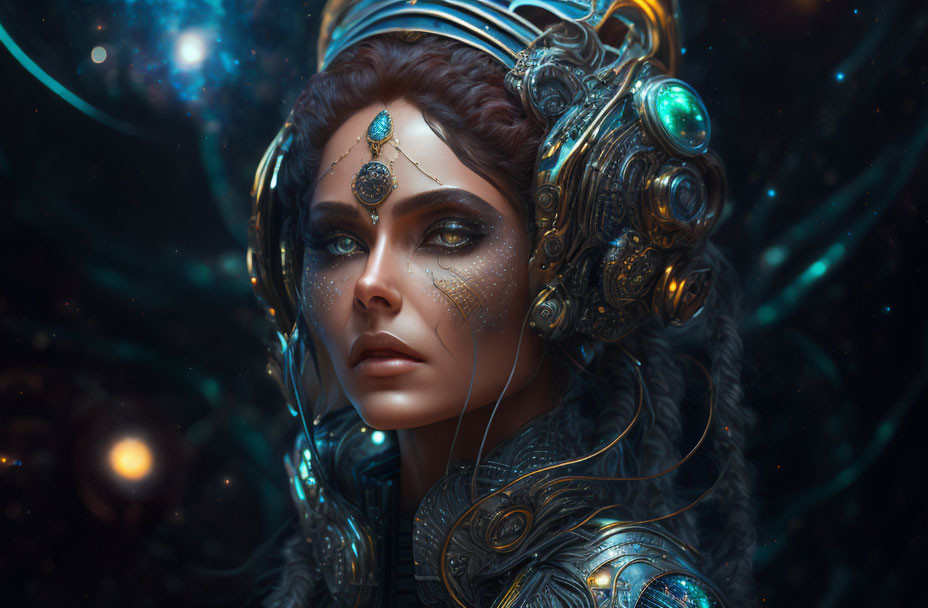 Elaborate Sci-Fi Headgear and Glittering Makeup on Woman