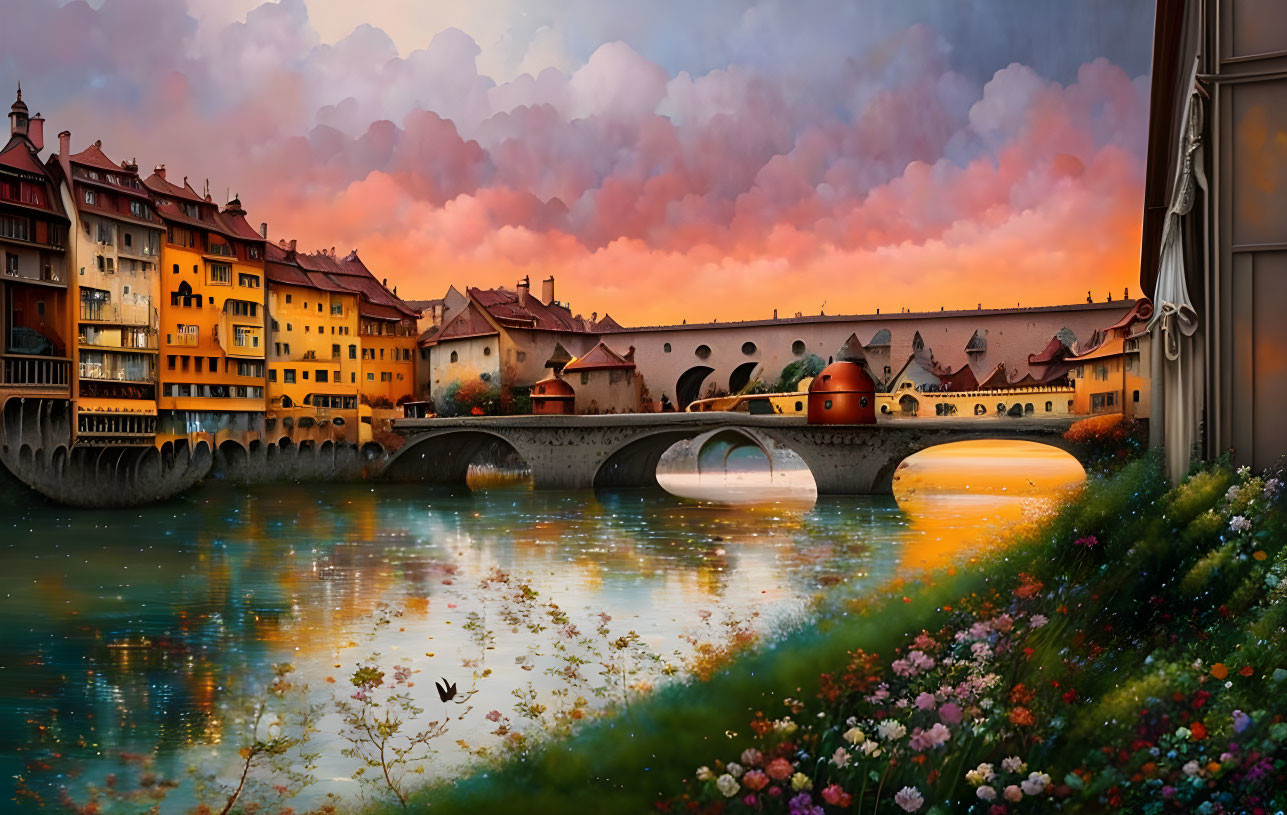 European-style town with historic buildings and stone bridge at sunset