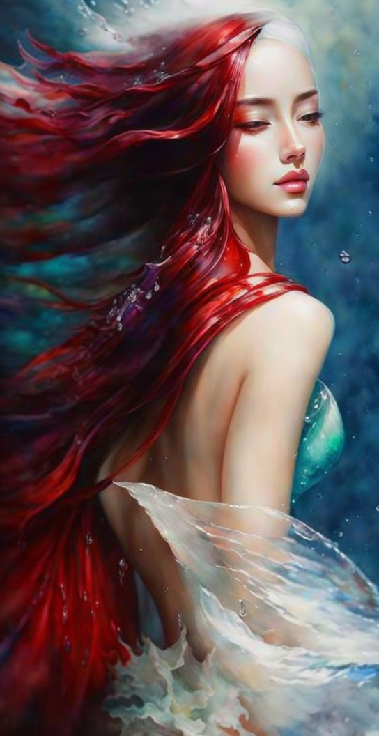 Mermaid painting with red hair and water droplets