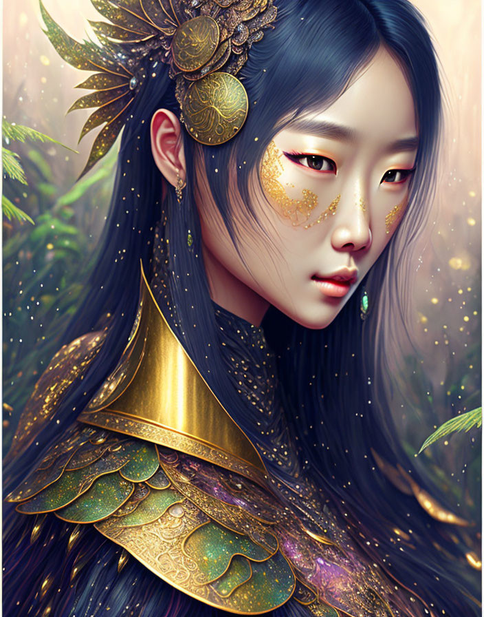 Illustrated female character with dark hair and golden armor on whimsical background