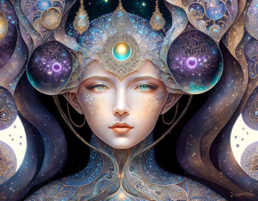 Celestial-themed female figure with cosmic crown and galactic patterns