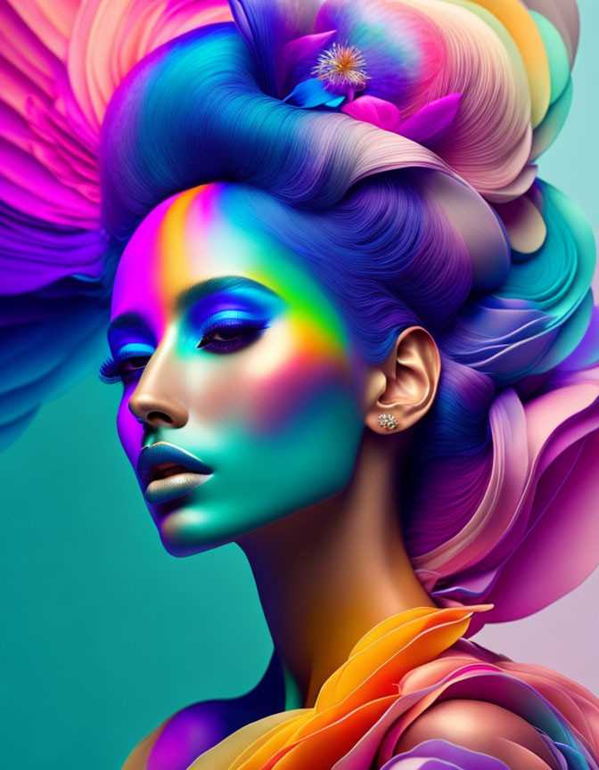 Vibrant portrait of a woman with rainbow palette face and flower hair