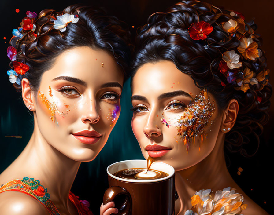 Two women with floral hair decorations and glittered faces in warm artistic style