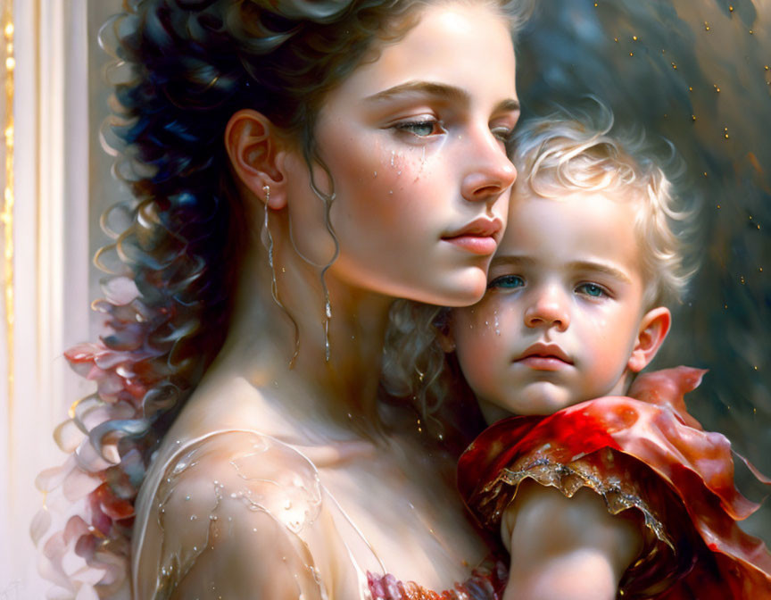 Portrait of young woman and child in contemplative pose in dreamlike setting