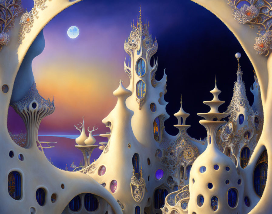 Surreal landscape featuring ornate bone-like structures under twilight sky.