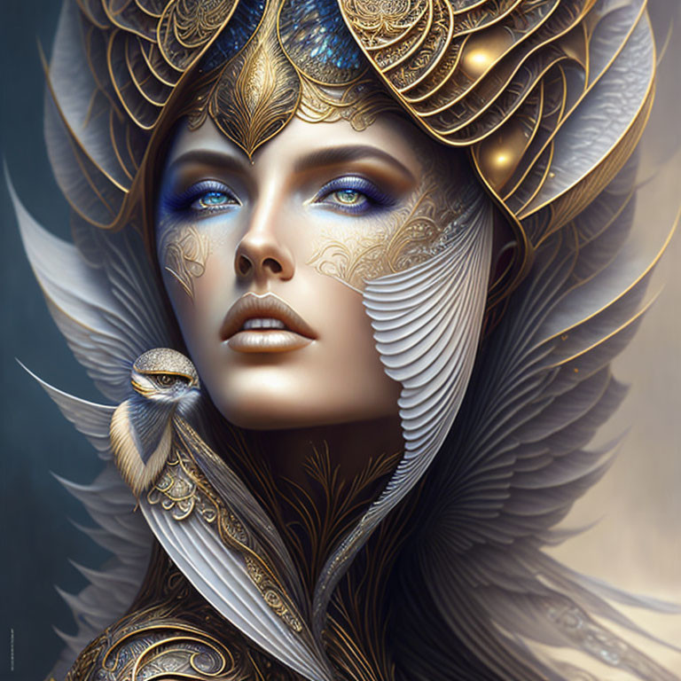 Illustrated female figure with golden feather headgear and blue eyes, adorned with metallic shoulder armor and accompanied