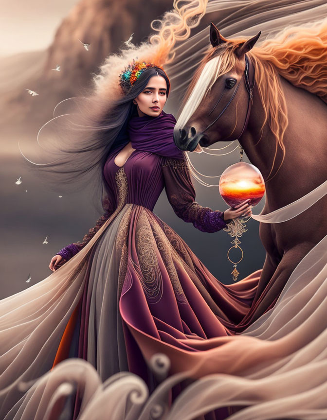 Woman in purple dress with glowing orb beside brown horse and birds in moody sky