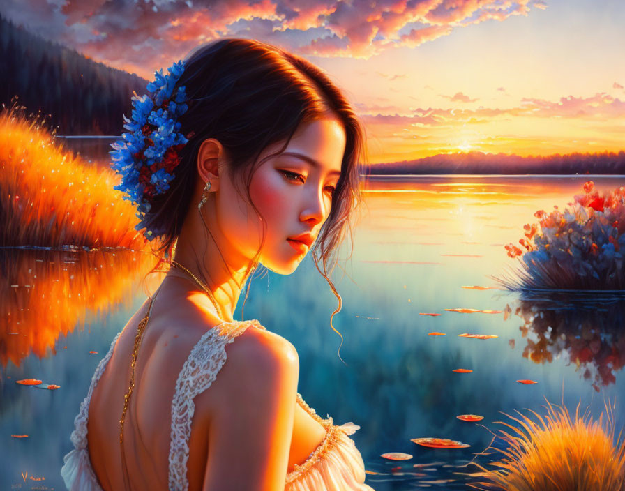 Woman in floral headpiece by serene sunset lake