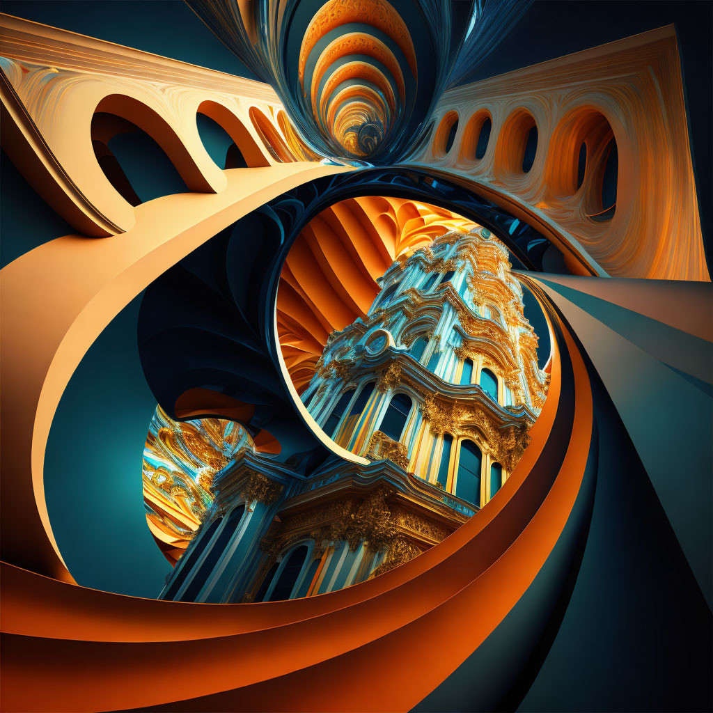 Abstract Fractal Image with Swirling Forms in Orange, Blue, and Gold