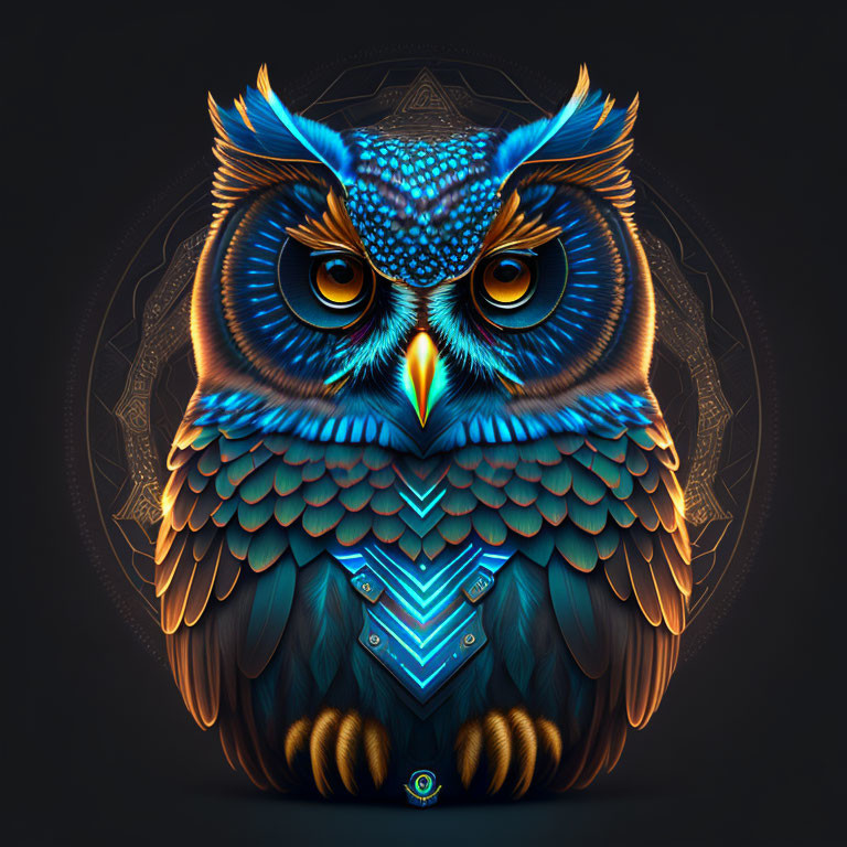 Colorful Stylized Owl Illustration with Blue Feathers and Geometric Patterns